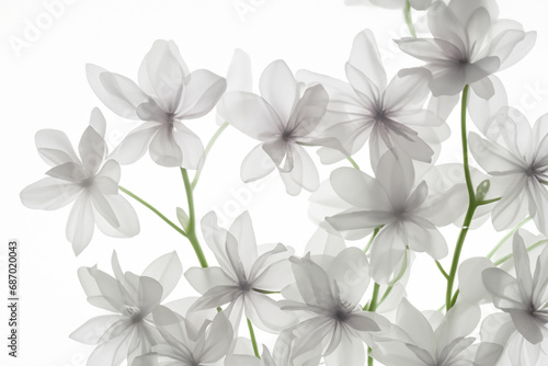 pattern of flowers. white translucent flowers with green stems  white background. plants and beauty concept