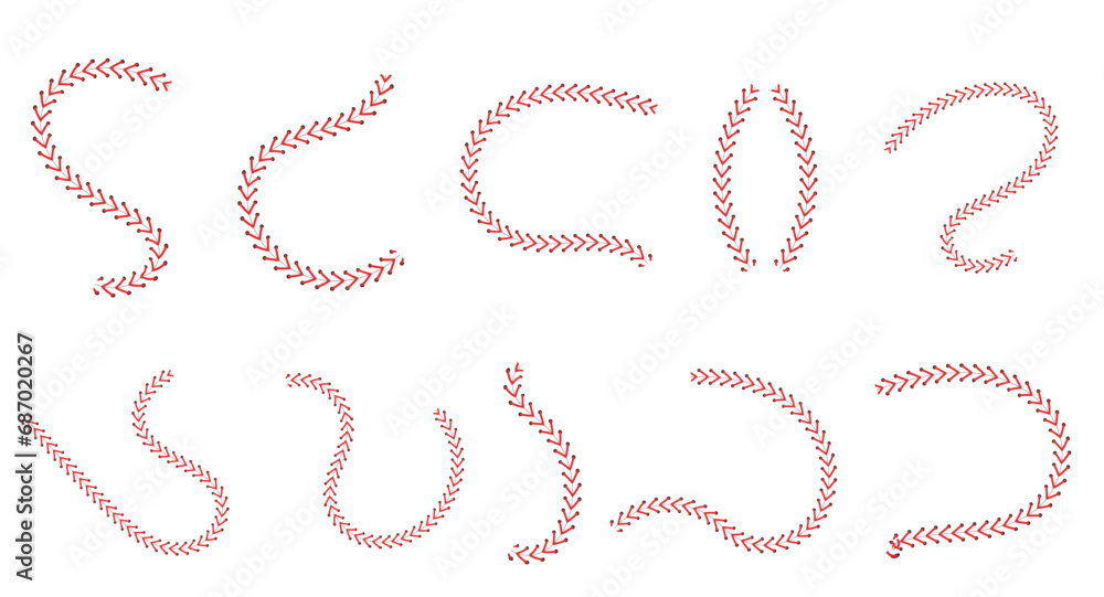 Ball lace. Red stitching for sport baseball lacing graphic pattern softball recent. Vector illustration - obrazy, fototapety, plakaty 