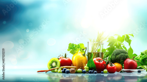 Healthy Living Concept  Vibrant Fruits and Vegetables on a Reflective Surface