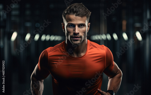 Fitness trainer in red T-shirt against the background of the gym. AI