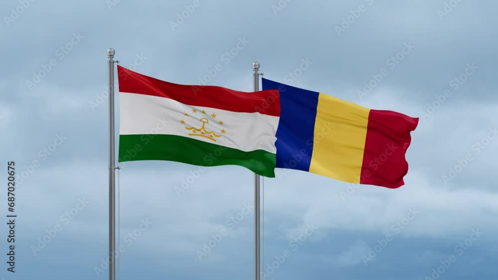 Chad flag and Tajikistan flag waving together on cloudy sky, endless seamless loop, two country relations concept Chad flag and Tajikistan flag waving together on cloudy sky, endless seamless loop, two country relations concept