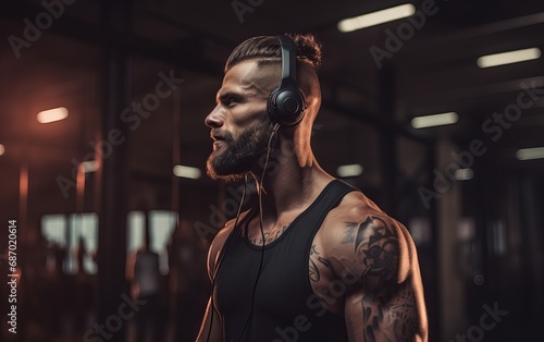 Tattooed bearded in black tank top wearing headphones at the gym. AI