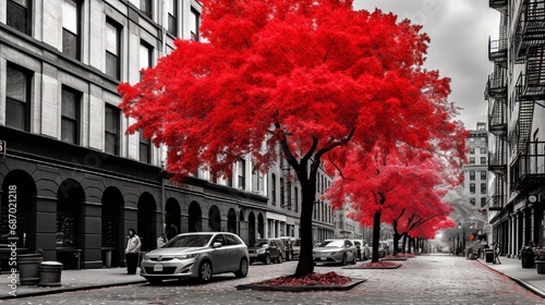 Autumn trees line the city street with red foliage. generated by AI tool © Sundas