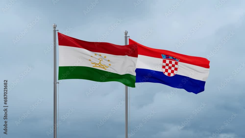 Croatia and Tajikistan flag waving together on cloudy sky, endless seamless loop, two country cooperation concept Croatia and Tajikistan flag waving together on cloudy sky, endless seamless loop, two country cooperation concept