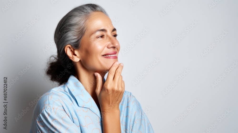 In comfy pastels, a joyful senior woman poses against a studio light beige-pink background, exuding morning charm. In comfy pastels, a joyful senior woman poses against a studio light beige-pink background, exuding morning charm.