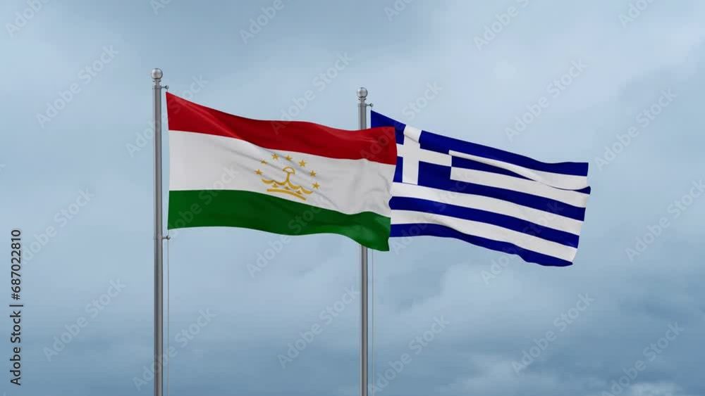 Greece flag and Tajikistan flag waving together on cloudy sky, endless seamless loop, two country relations concept Greece flag and Tajikistan flag waving together on cloudy sky, endless seamless loop, two country relations concept