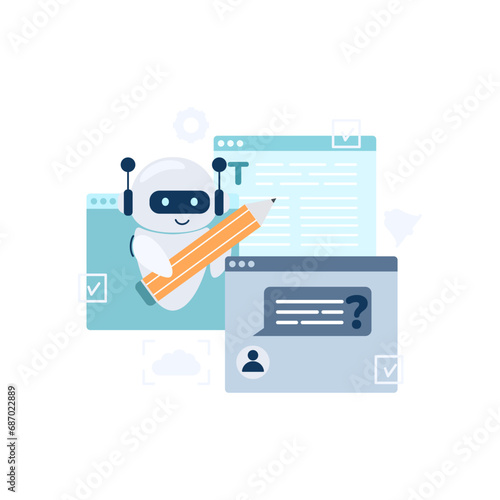 Digital chat bot, robot assistant for customer support. Concept of virtual conversation assistant for getting help. Vector illustration isolated on white background.