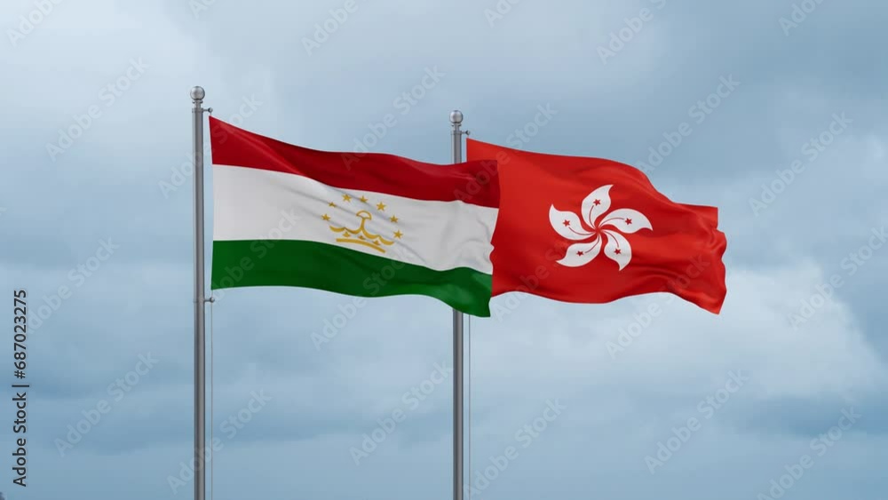 Hong Kong flag and Tajikistan flag waving together on cloudy sky, endless seamless loop, two country relations concept Hong Kong flag and Tajikistan flag waving together on cloudy sky, endless seamless loop, two country relations concept