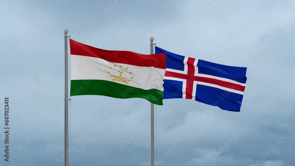 Iceland and Tajikistan flag waving together on cloudy sky, endless seamless loop, two country cooperation concept Iceland and Tajikistan flag waving together on cloudy sky, endless seamless loop, two country cooperation concept