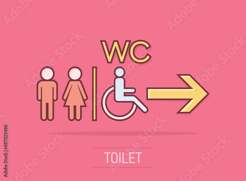 Vector cartoon WC, toilet icon in comic style. Men and women restroom sign illustration pictogram. WC business splash effect concept.