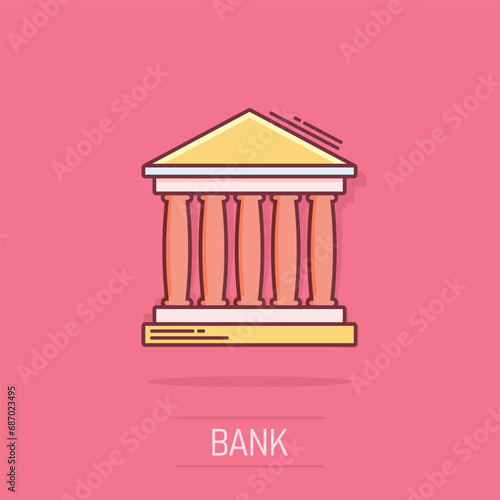 Vector cartoon bank building icon in comic style. Museum sign illustration pictogram. Building business splash effect concept.
