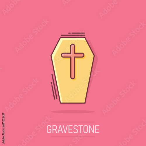 Vector cartoon halloween grave icon in comic style. Gravestone sign illustration pictogram. Rip business splash effect concept.