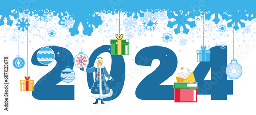 2024, poster. Happy New Year 2024. New Year and Christmas gifts. The Snow Maiden prepares holiday cookies, cards for winter holidays, snowflakes, snowfall.Banner, calendar elements.Vector illustration