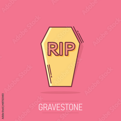 Vector cartoon halloween grave icon in comic style. Gravestone sign illustration pictogram. Rip business splash effect concept.