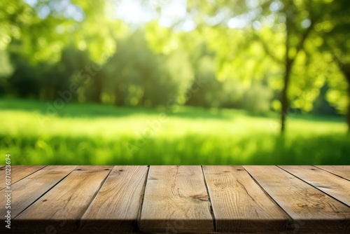 Wooden table on green lawn background