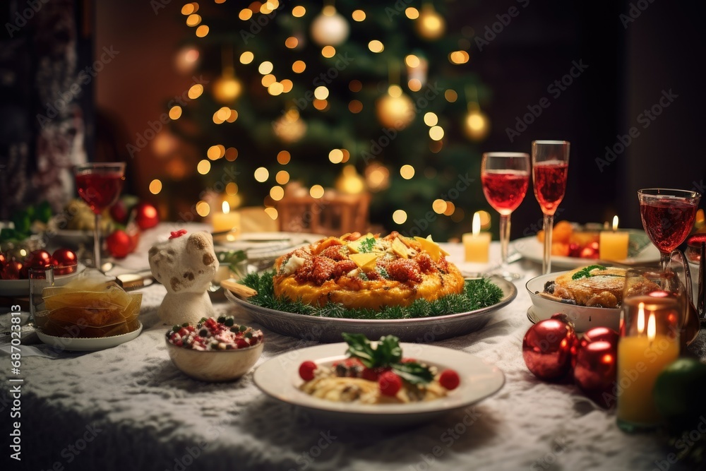 Photo of a bright Christmas table with different dishes . A Christmas tree is burning in the background.