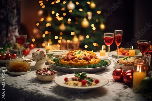Photo of a bright Christmas table with different dishes . A Christmas tree is burning in the background.