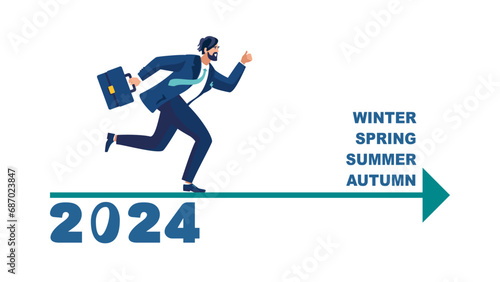 Vector illustration. 2024, startup. Businessman with briefcase running towards money business goal 2024. Annual report, contract. Happy New Year. Financial success. Business presentations, templates