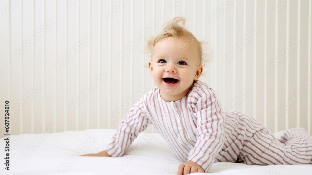 Morning delight: Baby in pastel jammies grinning ear to ear. Morning delight: Baby in pastel jammies grinning ear to ear.