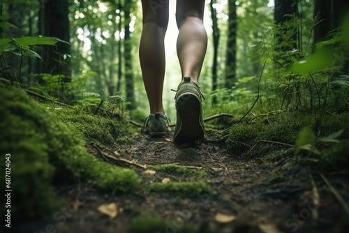 Close-up of legs. People on a hike, in the summer forest,