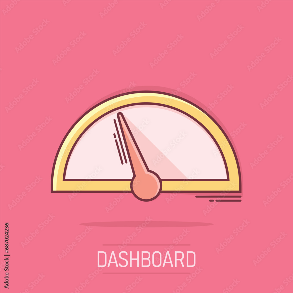 Vector cartoon dashboard icon in comic style. Level meter sign illustration pictogram. Speed business splash effect concept. Vector cartoon dashboard icon in comic style. Level meter sign illustration pictogram. Speed business splash effect concept.