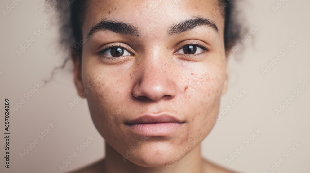 An authentic portrayal of a woman with diverse skin tones embracing her blemished skin. An authentic portrayal of a woman with diverse skin tones embracing her blemished skin.