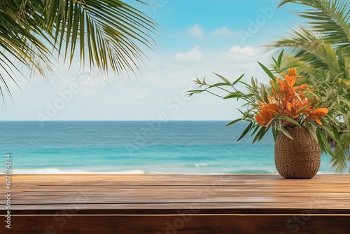 A wooden table with a tropical scene on it