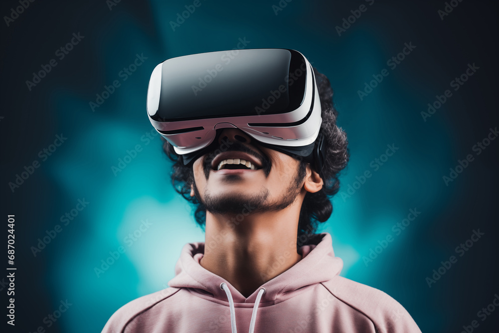 Young man using virtual reality headset. VR, future, gadgets, technology concept Young man using virtual reality headset. VR, future, gadgets, technology concept