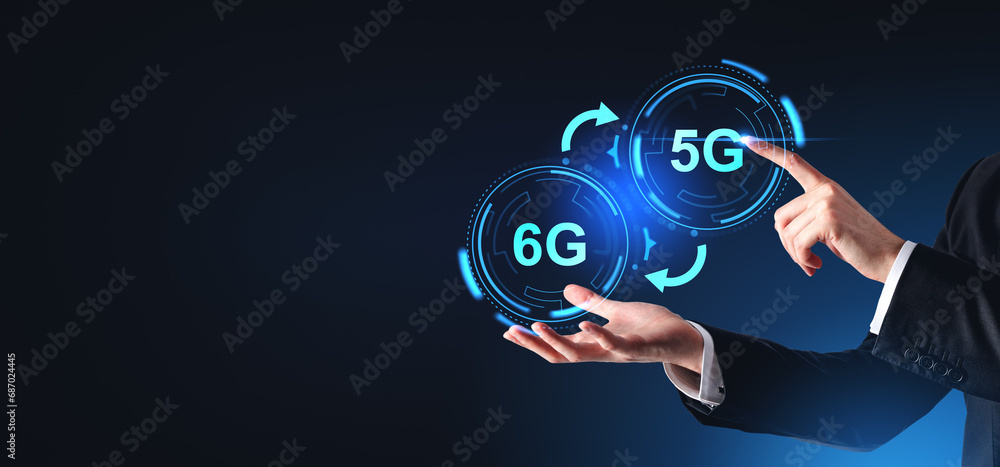 Fototapeta premium Man hands interacting with 5G and 6G