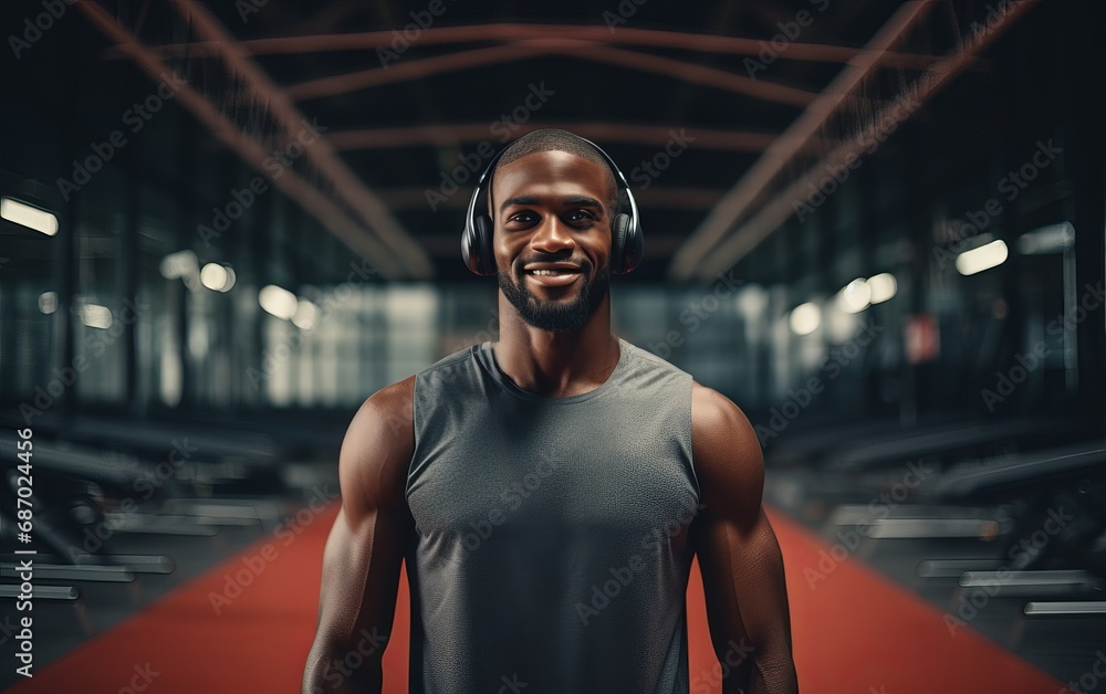 Athletic African American man in grey tank top wearing headphones at the gym. AI