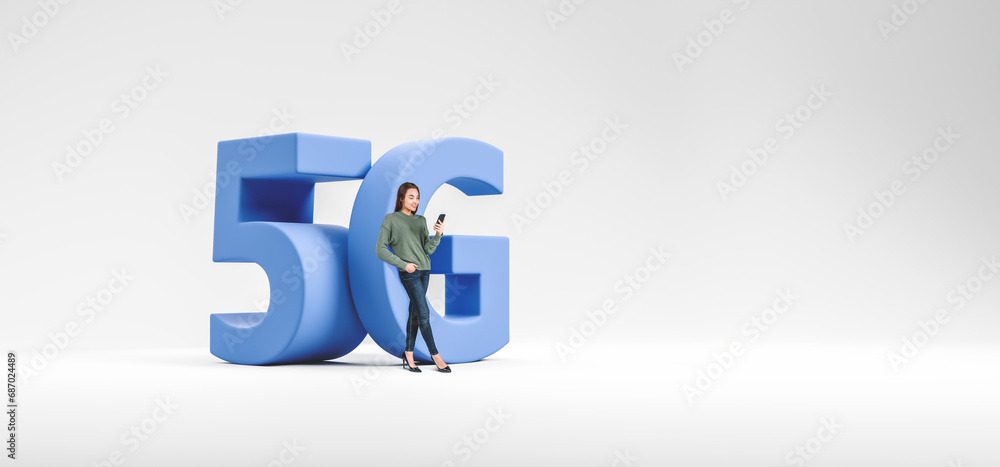 Young woman using smartphone, 5G big symbol on copy space empty background Young woman using smartphone, 5G big symbol on copy space empty background