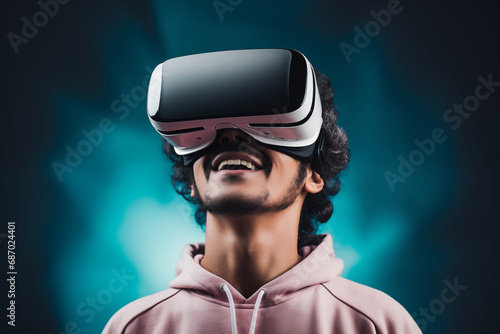 Young man using virtual reality headset. VR, future, gadgets, technology concept © kite_rin