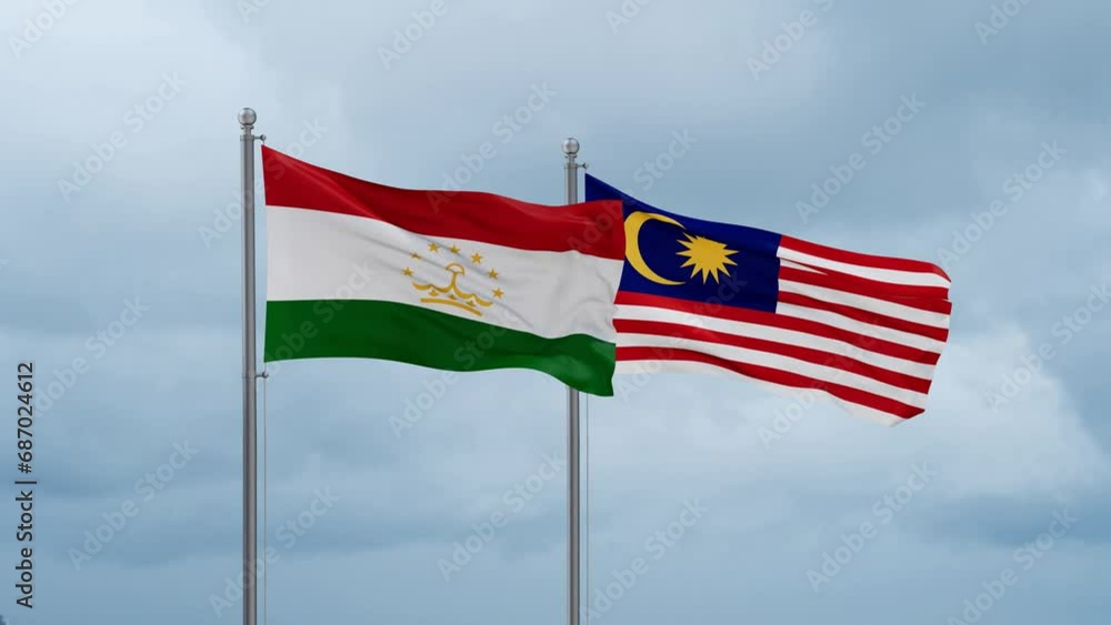 Malaysia and Tajikistan flag waving together on cloudy sky, endless seamless loop, two country cooperation concept Malaysia and Tajikistan flag waving together on cloudy sky, endless seamless loop, two country cooperation concept