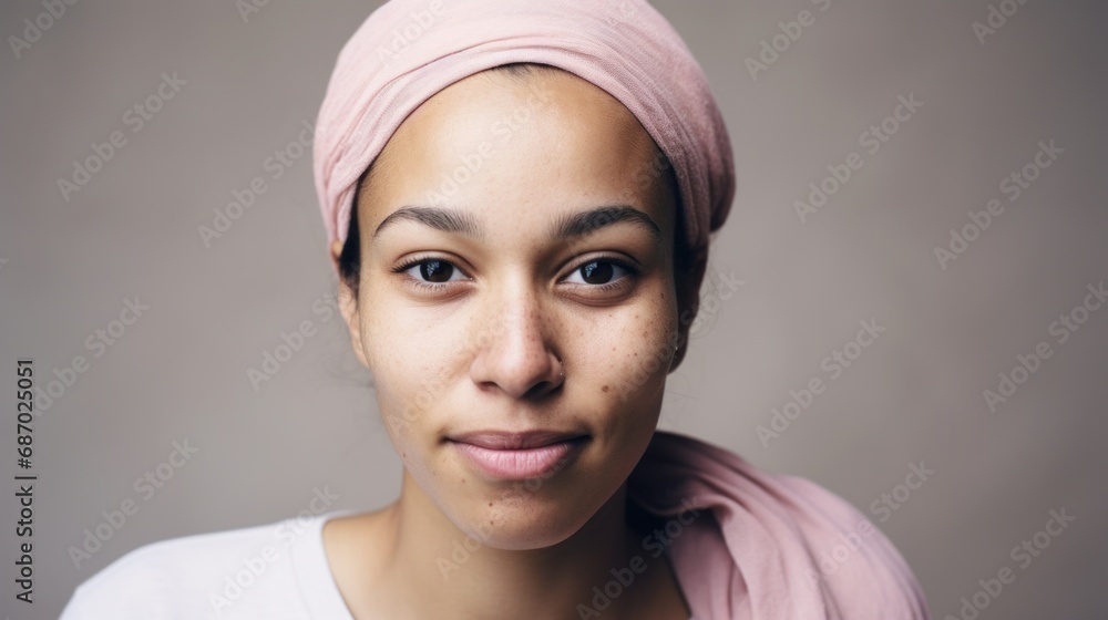 Imperfect-skinned Moroccan woman in a closeup portrait, confidently posing with studio lighting on a beige background. Imperfect-skinned Moroccan woman in a closeup portrait, confidently posing with studio lighting on a beige background.