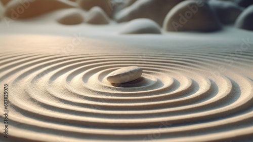 Zen garden meditation stone background for harmony, balance, and relaxation with replica space stones and lines in the sand for spa wellness photo