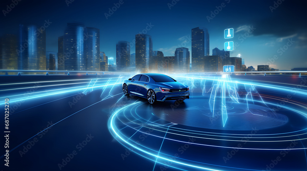 Automotive sensing system concept. Autonomous car. Driver assistant system. Adaptive cruise control. Generative Ai.