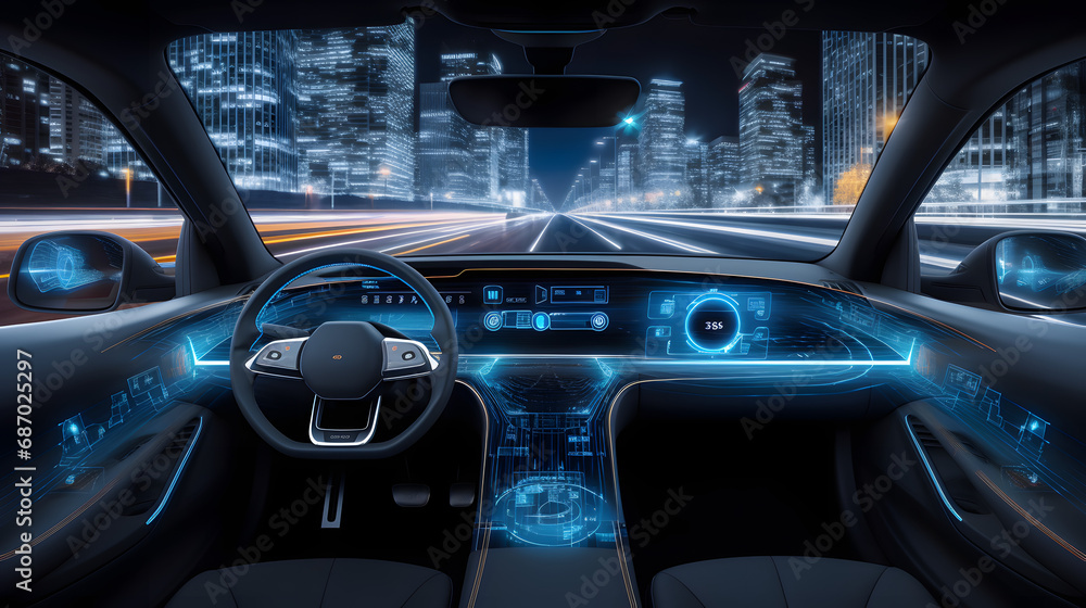 Automotive sensing system concept. Autonomous car. Driver assistant system. Adaptive cruise control. Generative Ai. - obrazy, fototapety, plakaty 