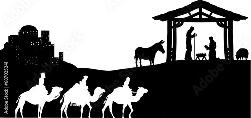 A Christmas nativity scene with baby Jesus in the manger, wise men and city of Bethlehem in the background
