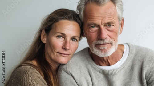 An embrace between a European couple in their middle years.