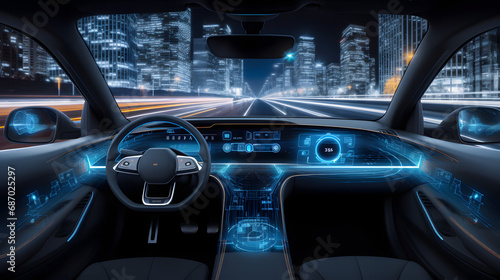 Automotive sensing system concept. Autonomous car. Driver assistant system. Adaptive cruise control. Generative Ai. © tfk