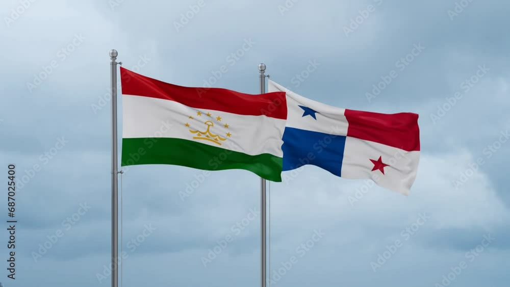 Panama flag and Tajikistan flag waving together on cloudy sky, endless seamless loop, two country relations concept Panama flag and Tajikistan flag waving together on cloudy sky, endless seamless loop, two country relations concept