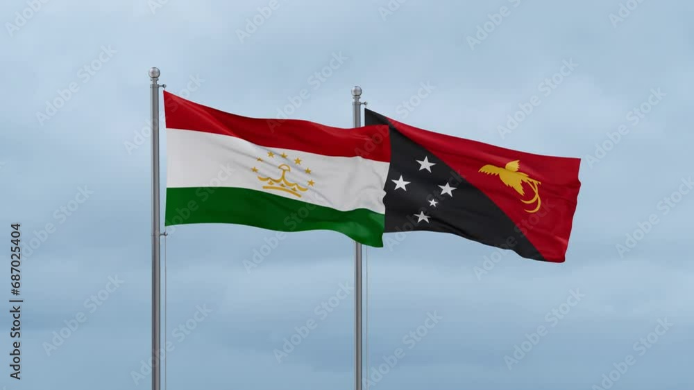 Papua New Guinea flag and Tajikistan flag waving together on cloudy sky, endless seamless loop, two country relations concept Papua New Guinea flag and Tajikistan flag waving together on cloudy sky, endless seamless loop, two country relations concept