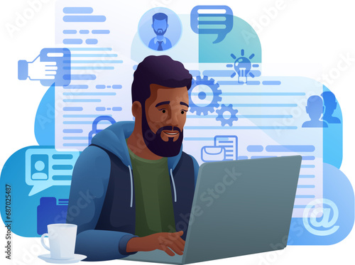 Man, person, remote working on laptop computer writing document possibly a resume or cv for online internet job search application recruitment agency website cartoon illustration.