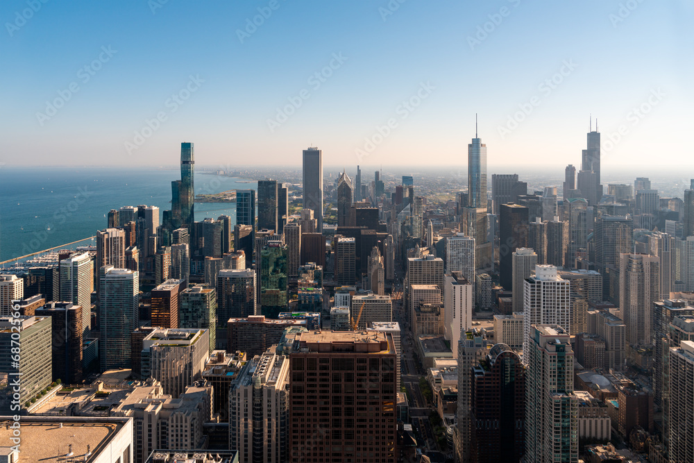 Chicago skyscrapers aerial view, lake Michigan and blue sky