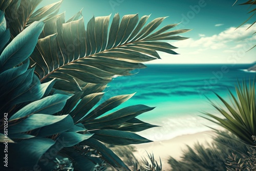 Palm leaves and beach and ocean. Tropical background. Generative AI