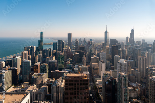Chicago skyscrapers aerial view  lake Michigan and blue sky