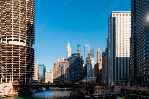 Chicago river and skyline with business skyscrapers and Dearborn Street Bridge