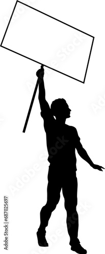 Protestor or demonstrator at a demonstration march, picket line or strike protest rally in silhouette. Holding up a banner or picket sign board placard.