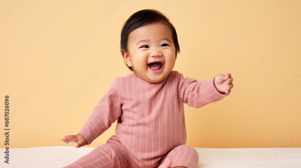 Smiling infant in cozy pastel PJs lights up the room. Smiling infant in cozy pastel PJs lights up the room.