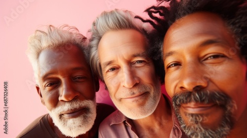 Four elderly gentlemen with distinct skin tones in a studio. © iuricazac